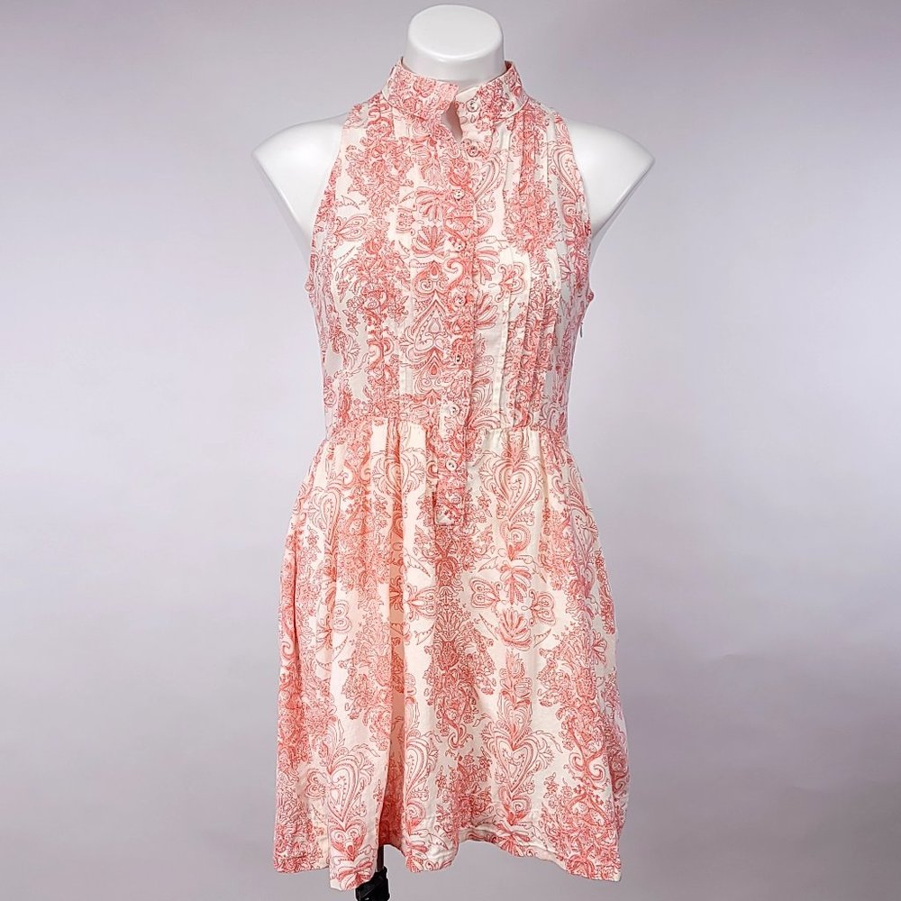 Theme Womens Coral White Paisley Pintuck‎ Sleeveless Cotton Mini Dress Size M